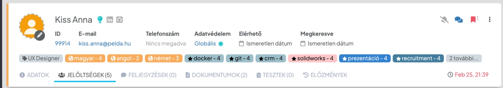 Hireify — jelölt-adatlap adatvédelmi státusszal (minta-adatokkal)