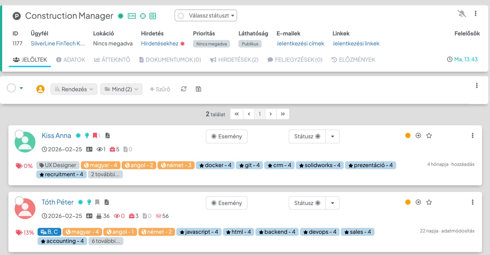 Hireify — egy pozíció jelöltlistája (minta-adatokkal)